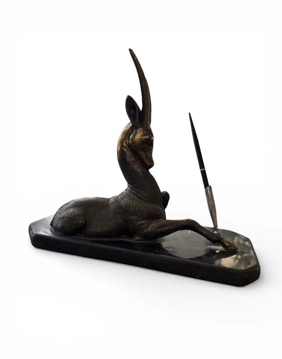 Vintage French Art Deco Spelter Gazelle Statue on Marble Base Pen Holder - Picture 5 of 7